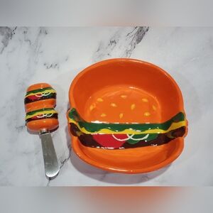 Orange Burger-Themed Ceramic Bowl and Spreader Set